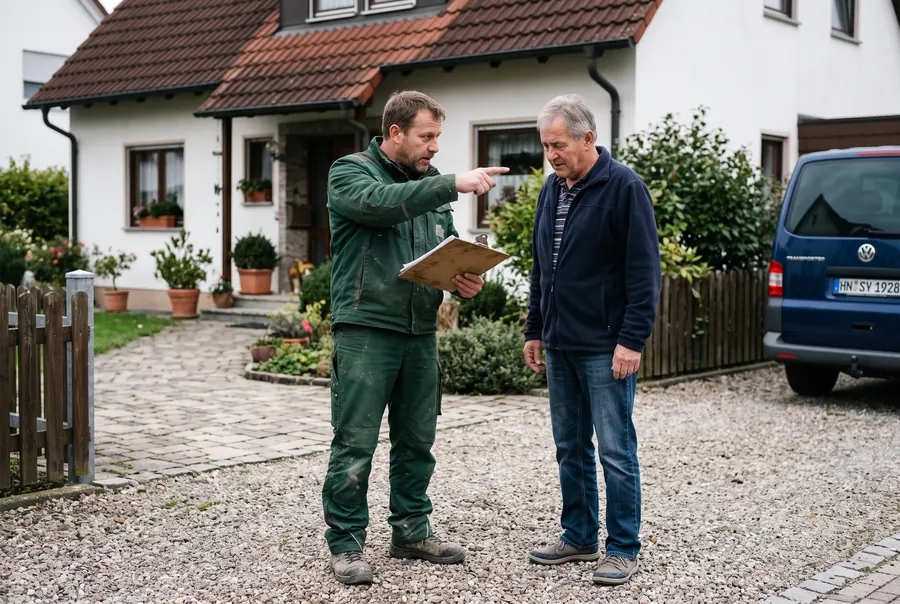 Mitarbeiter von S & B Dienstleistungen bespricht ein Projekt mit einem Hauseigentümer vor Ort