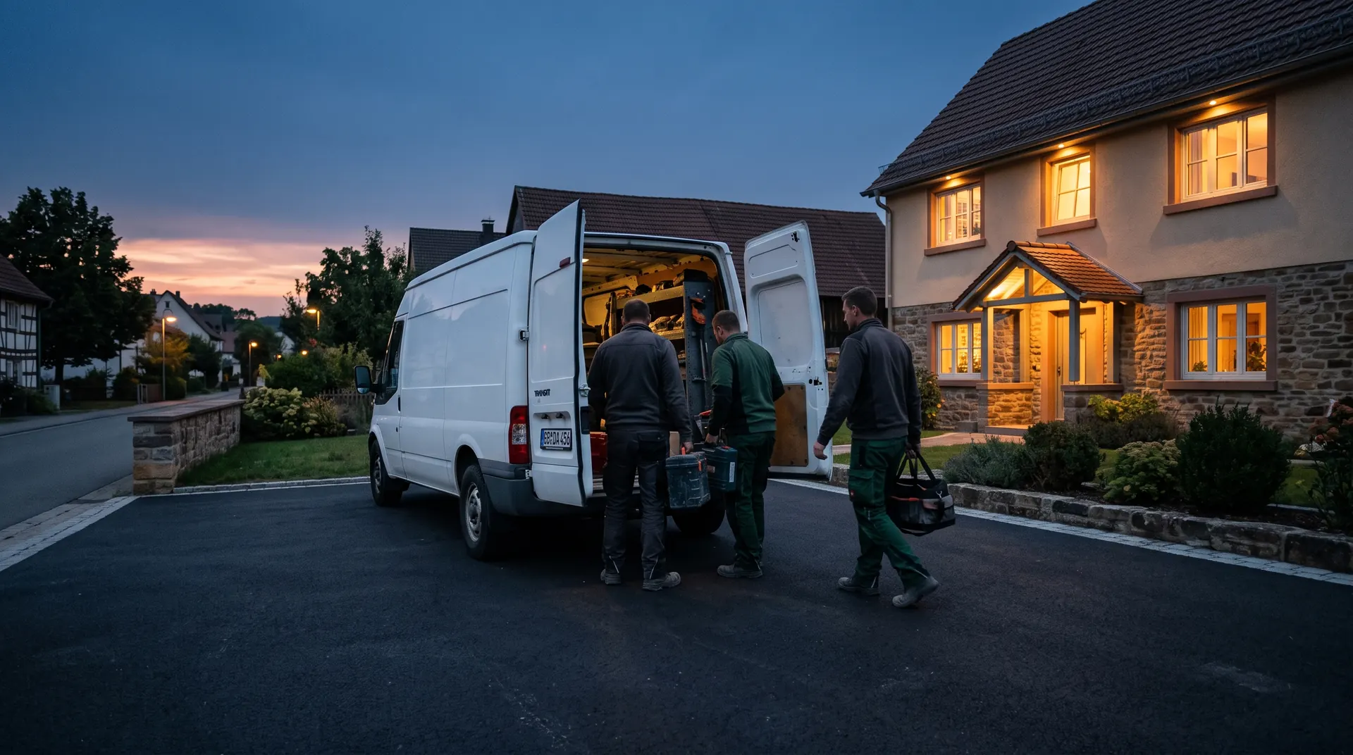 Team von S & B Dienstleistungen belädt am Abend den Transporter vor einem fertiggestellten Objekt