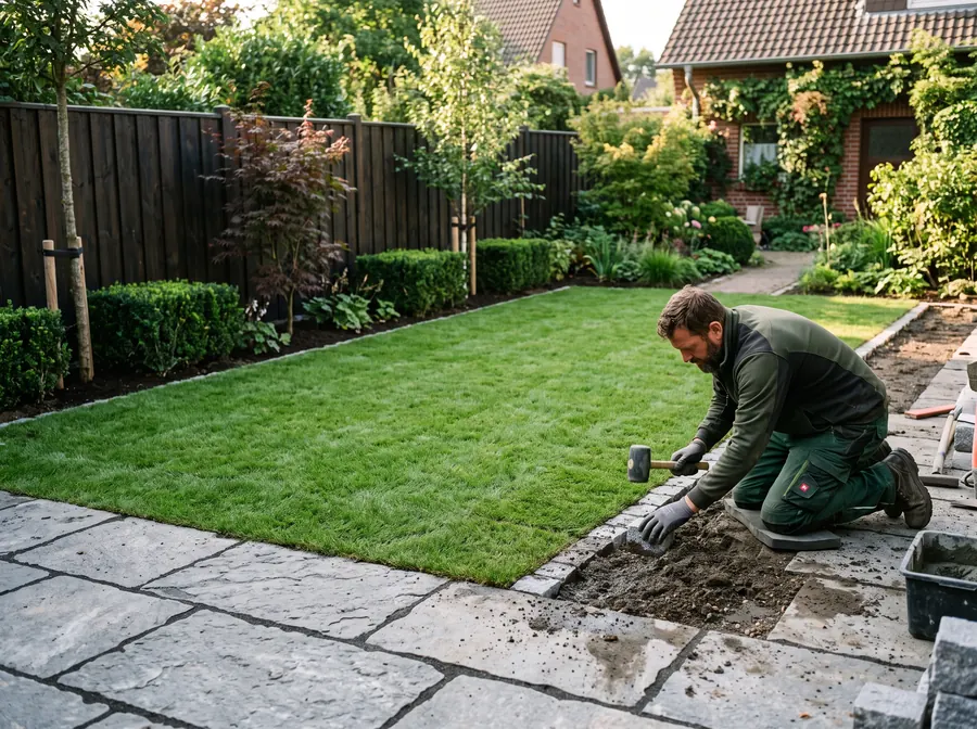 Landschaftsgärtner legt eine Natursteinkante an einem neu angelegten Garten an