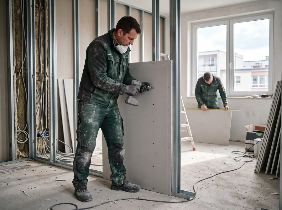 Trockenbauer montiert eine Gipskartonplatte auf Metallständerwerk