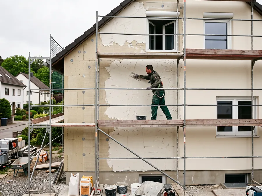 Fassadenarbeiten mit Wärmedämm-Verbundsystem an einem Einfamilienhaus